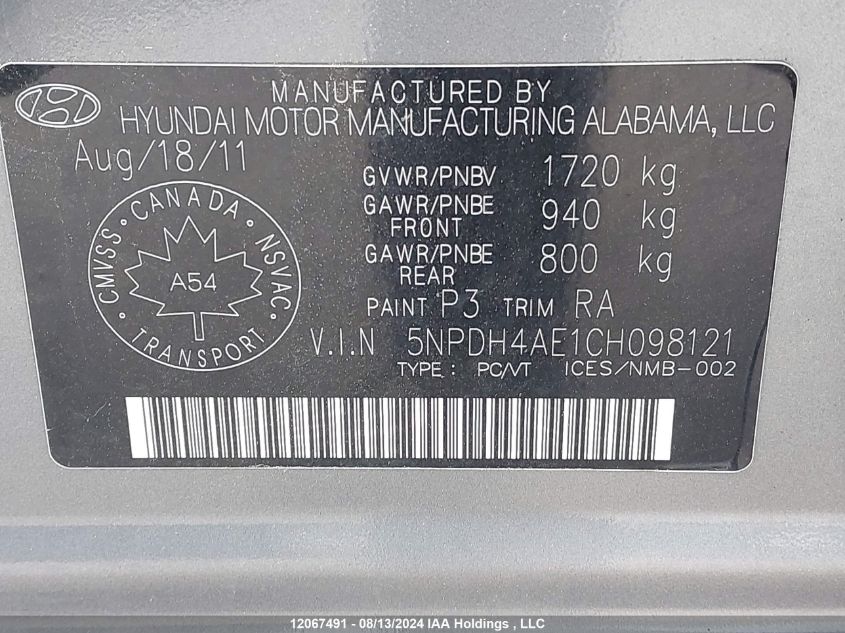 2012 Hyundai Elantra Gls/Limited VIN: 5NPDH4AE1CH098121 Lot: 12067491