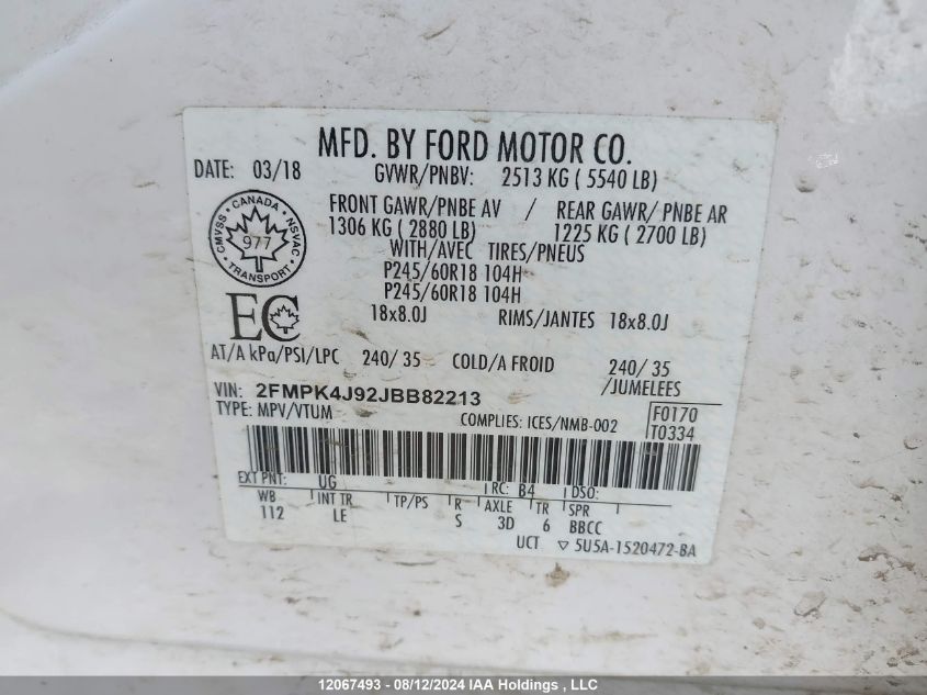 2018 Ford Edge Sel VIN: 2FMPK4J92JBB82213 Lot: 12067493