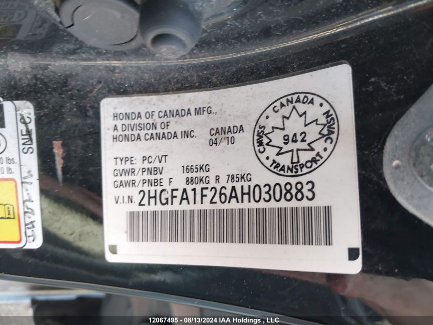 2010 Honda Civic VIN: 2HGFA1F26AH030883 Lot: 12067495