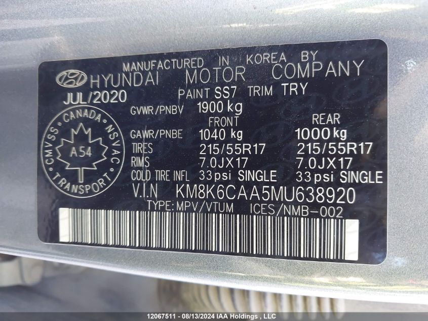 KM8K6CAA5MU638920 2021 Hyundai Kona Sel Plus