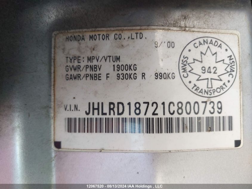 2001 Honda Cr-V VIN: JHLRD18721C800739 Lot: 12067520