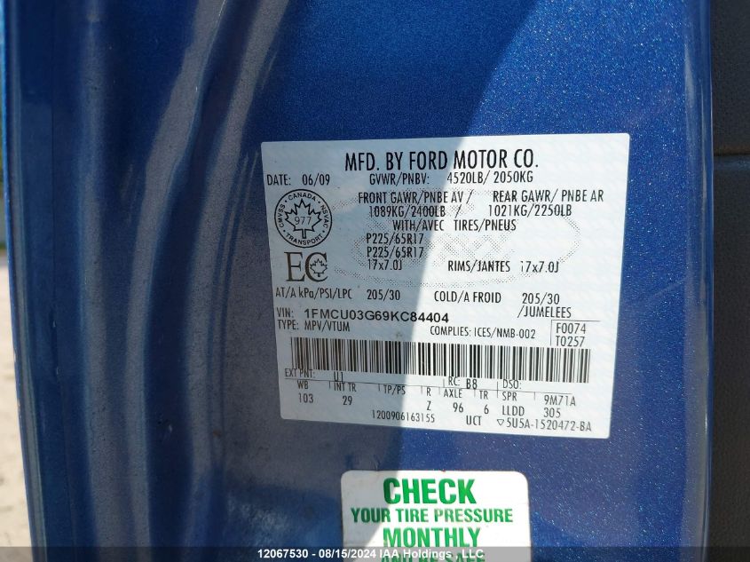 2009 Ford Escape Xlt VIN: 1FMCU03G69KC84404 Lot: 12067530