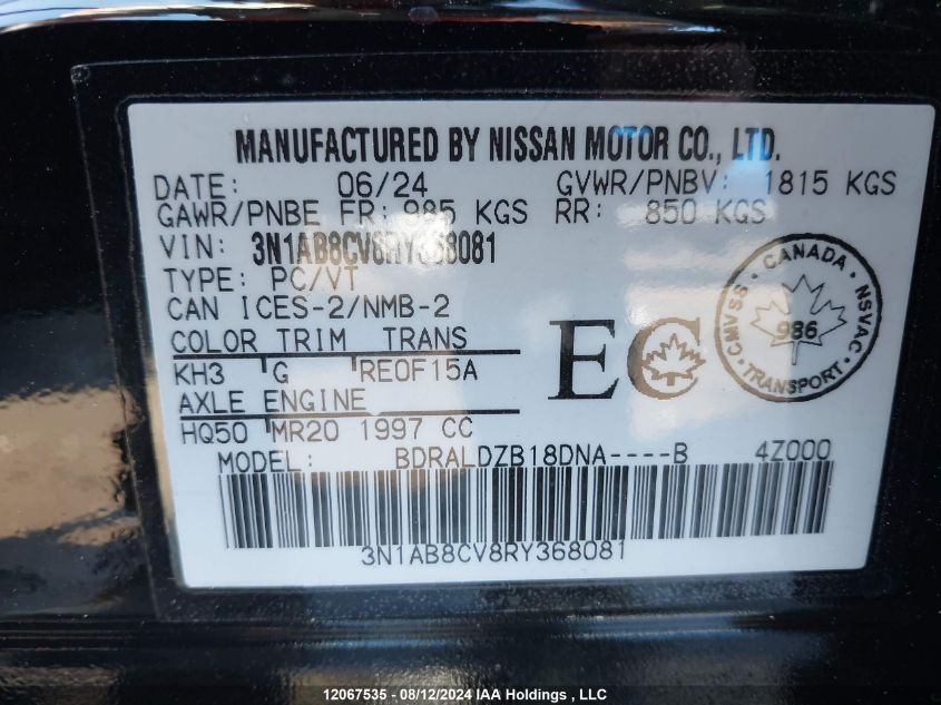 2024 Nissan Sentra VIN: 3N1AB8CV8RY368081 Lot: 12067535