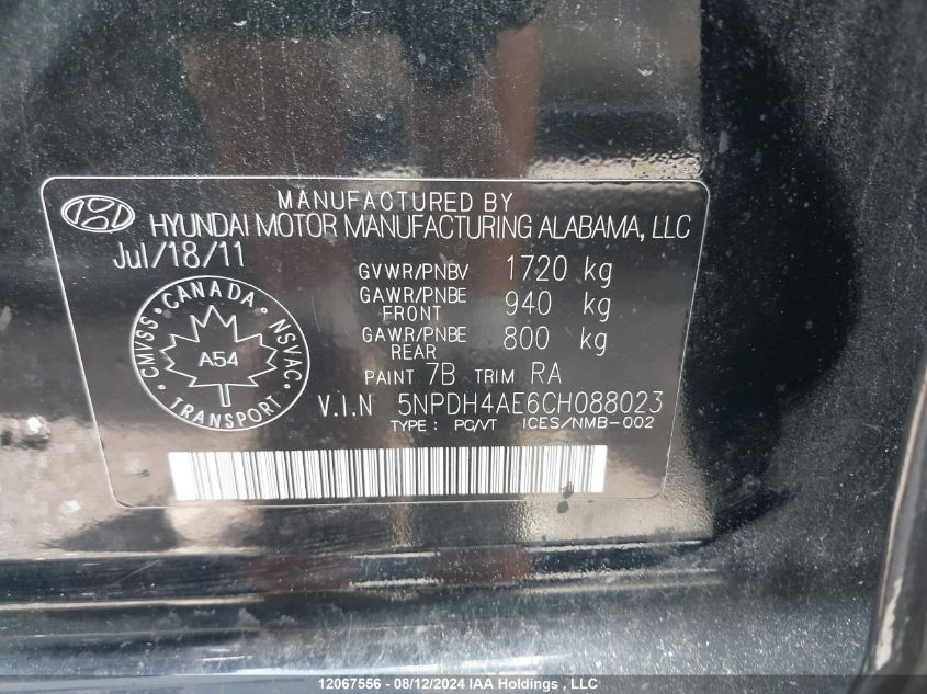 2012 Hyundai Elantra Gl VIN: 5NPDH4AE6CH088023 Lot: 12067556