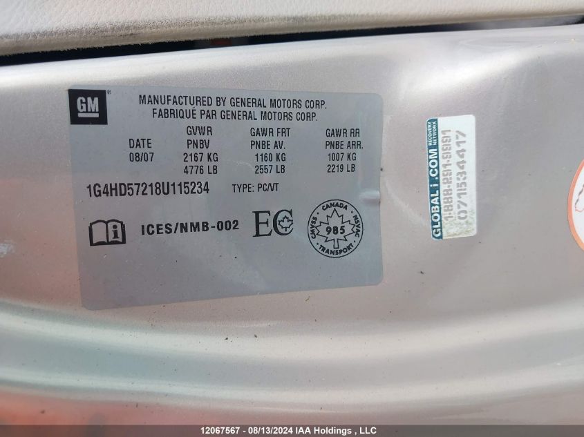 2008 Buick Lucerne Cxl VIN: 1G4HD57218U115234 Lot: 12067567