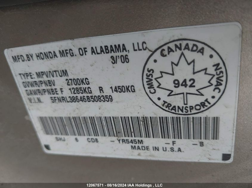 2006 Honda Odyssey Exl VIN: 5FNRL38646B508359 Lot: 12067571