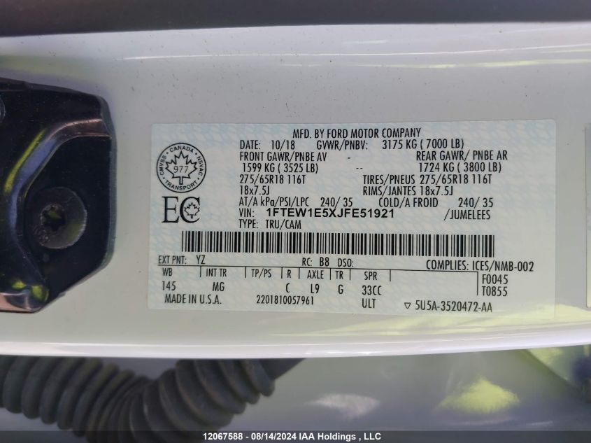 2018 Ford F-150 Xlt VIN: 1FTEW1E5XJFE51921 Lot: 12067588