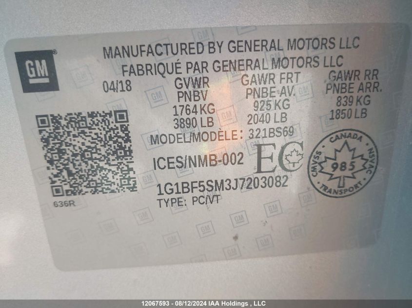 2018 Chevrolet Cruze VIN: 1G1BF5SM3J7203082 Lot: 12067593