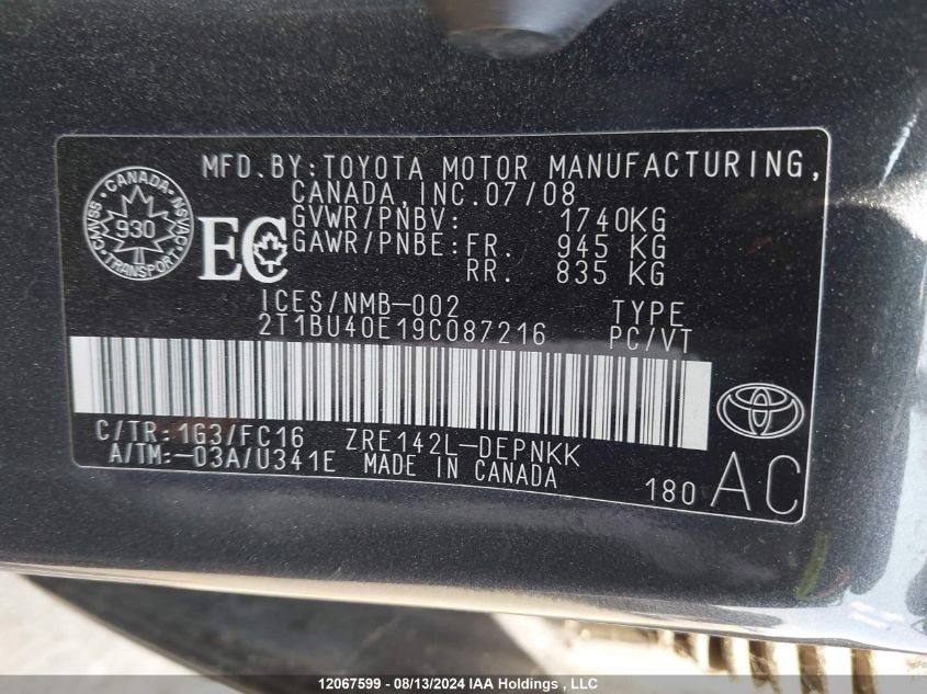 2009 Toyota Corolla Le VIN: 2T1BU40E19C087216 Lot: 12067599