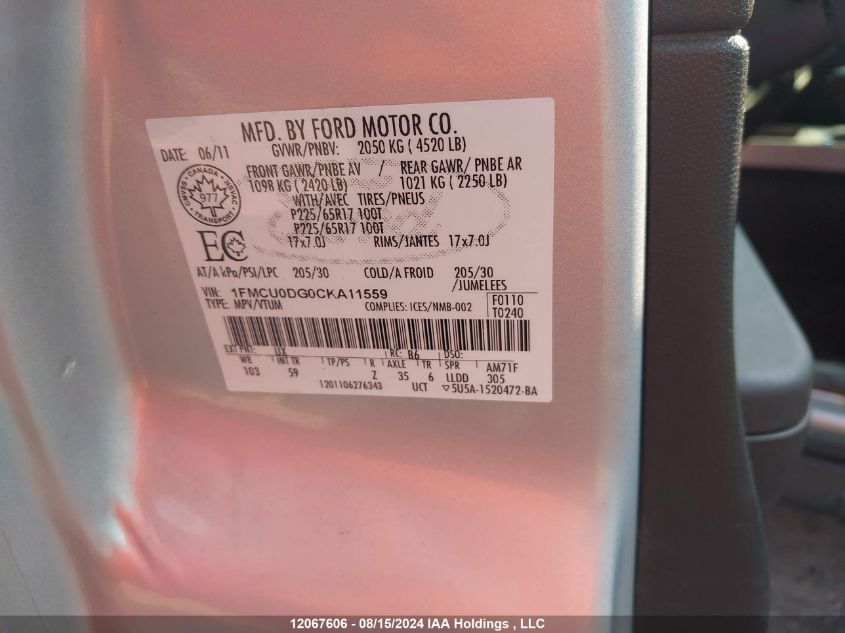 2012 Ford Escape Xlt VIN: 1FMCU0DG0CKA11559 Lot: 12067606