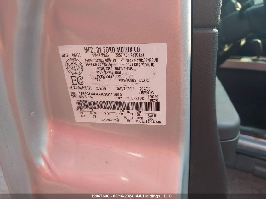 2012 Ford Escape Xlt VIN: 1FMCU0DG0CKA11559 Lot: 12067606