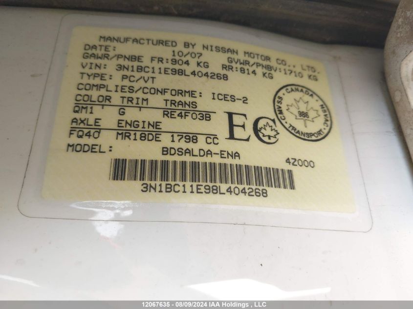 2008 Nissan Versa 1.8S VIN: 3N1BC11E98L404268 Lot: 12067635