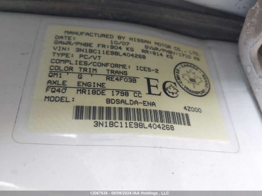 2008 Nissan Versa 1.8S VIN: 3N1BC11E98L404268 Lot: 12067635