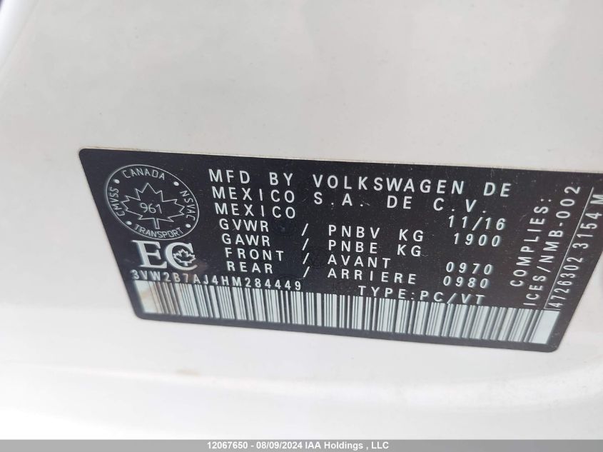 2017 Volkswagen Jetta Sedan VIN: 3VW2B7AJ4HM284449 Lot: 12067650