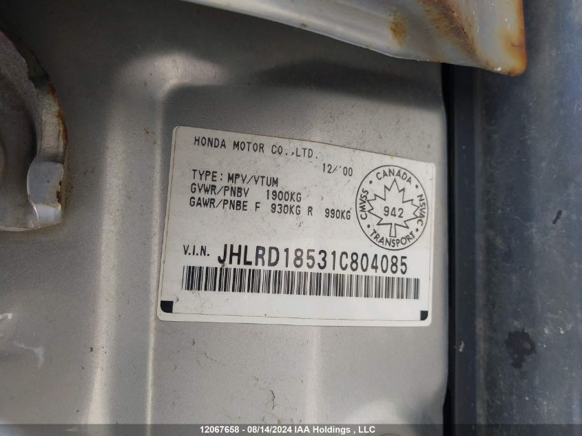 2001 Honda Cr-V VIN: JHLRD18531C804085 Lot: 12067658