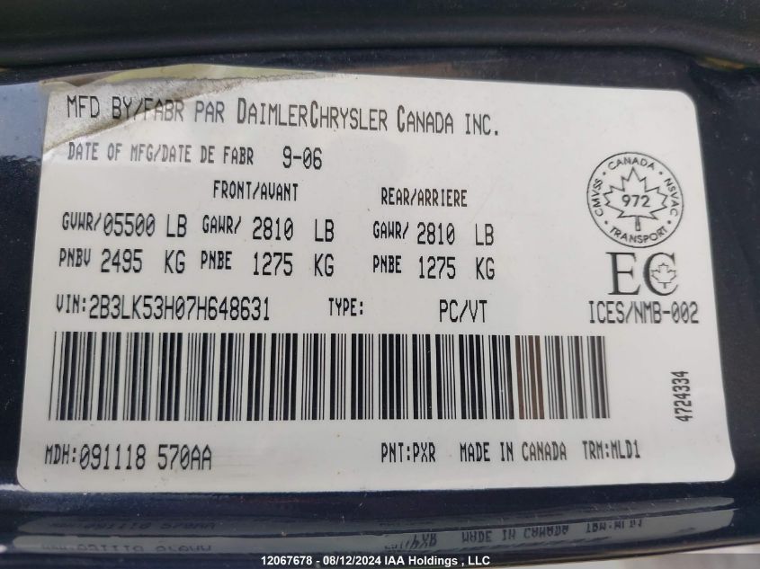 2007 Dodge Charger VIN: 2B3LK53H07H648631 Lot: 12067678