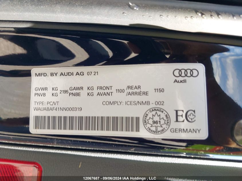 2022 Audi A4 Premium 40 VIN: WAUABAF41NN000319 Lot: 12067687