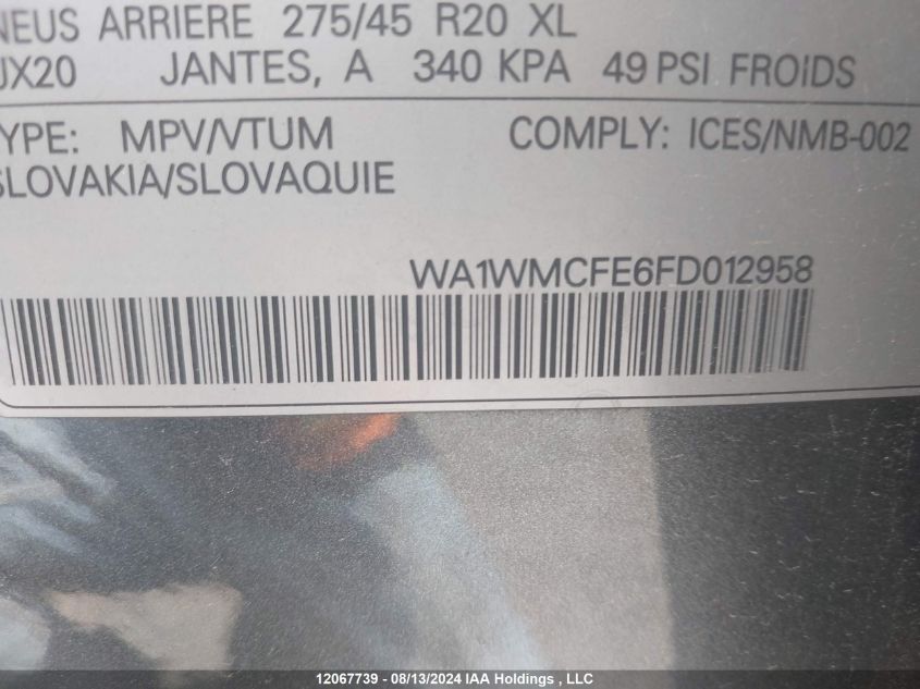 2015 Audi Q7 VIN: WA1WMCFE6FD012958 Lot: 12067739