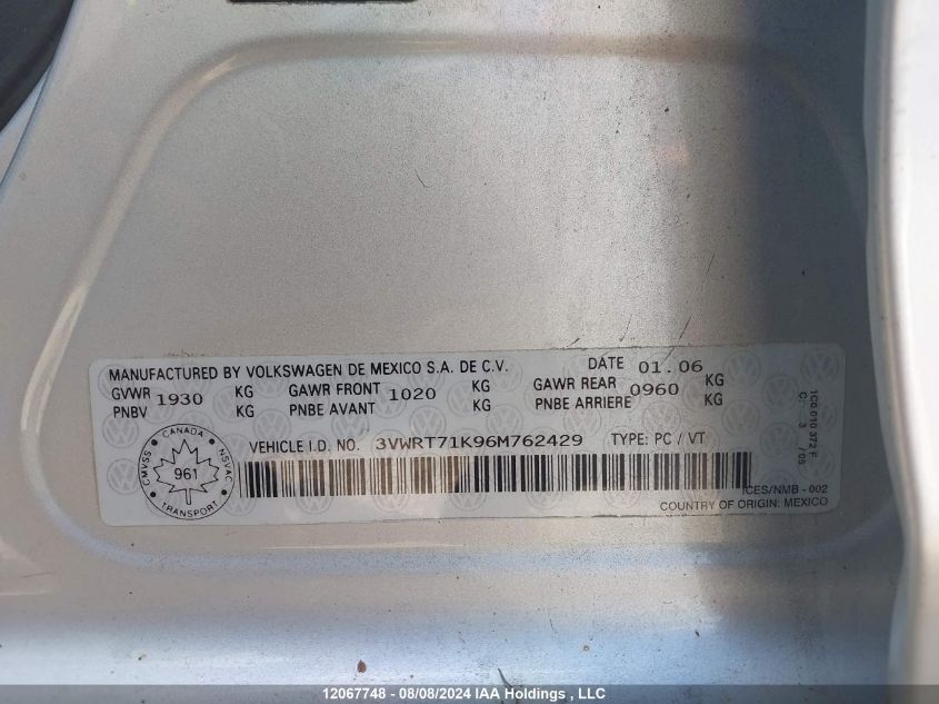 2006 Volkswagen Jetta Sedan VIN: 3VWRT71K96M762429 Lot: 12067748