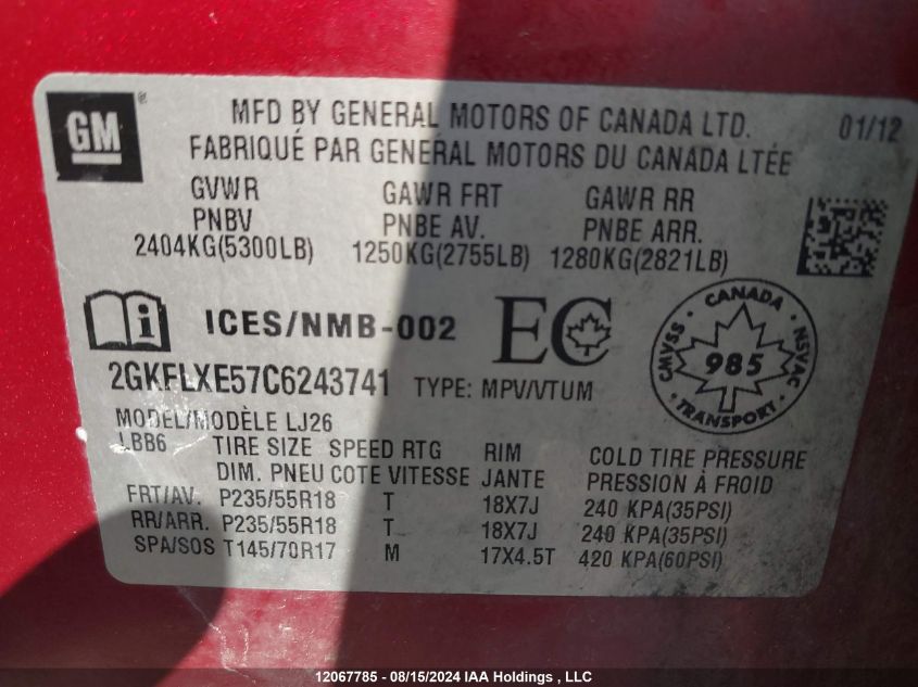 2012 GMC Terrain VIN: 2GKFLXE57C6243741 Lot: 12067785