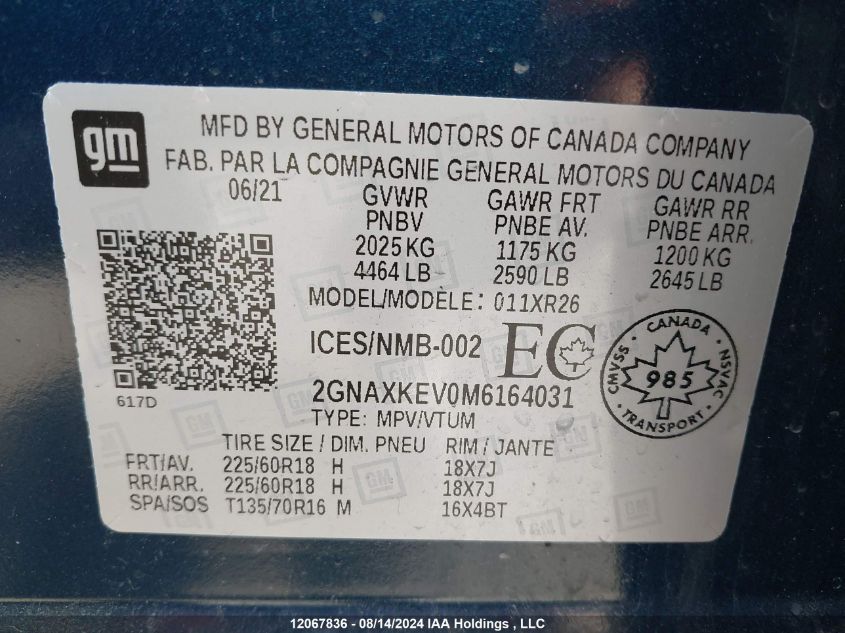 2021 Chevrolet Equinox VIN: 2GNAXKEV0M6164031 Lot: 12067836