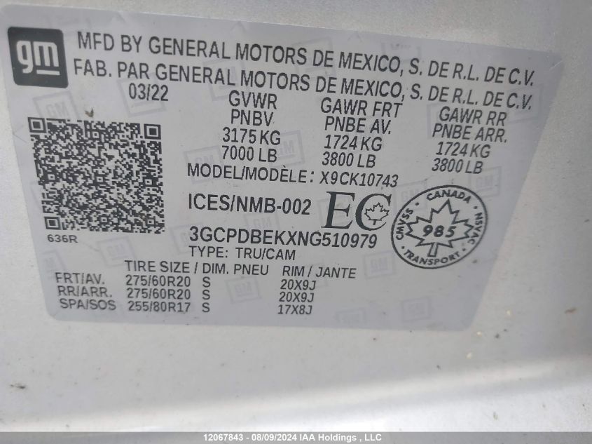 2022 Chevrolet Silverado K1500 Custom VIN: 3GCPDBEKXNG510979 Lot: 12067843