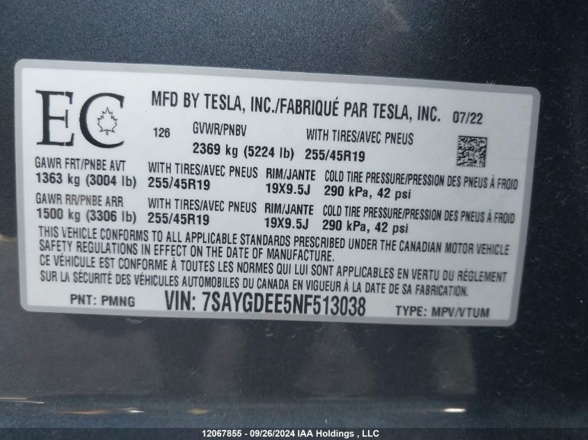 7SAYGDEE5NF513038 2022 Tesla Model Y