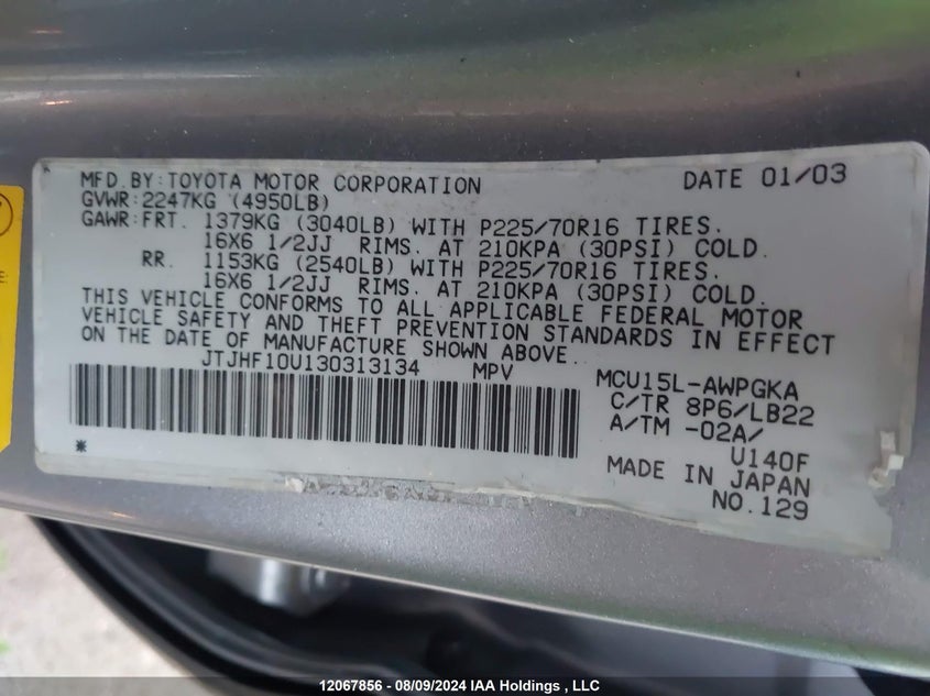 2003 Lexus Rx 300 VIN: JTJHF10U130313134 Lot: 12067856