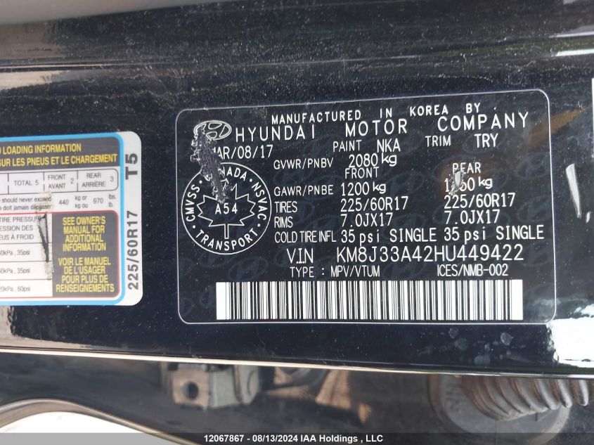 2017 Hyundai Tucson Limited/Sport And Eco/Se VIN: KM8J33A42HU449422 Lot: 12067867