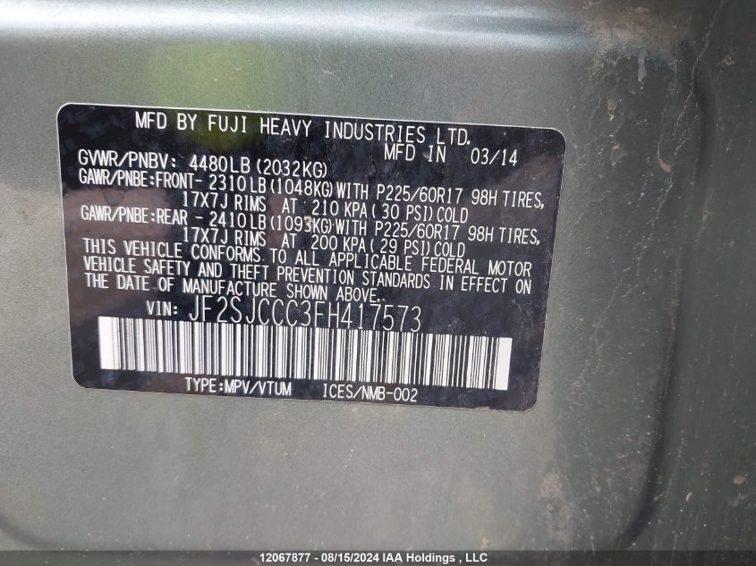 2015 Subaru Forester VIN: JF2SJCCC3FH417573 Lot: 12067877