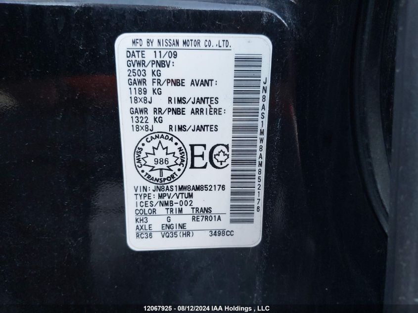 2010 Infiniti Fx35 VIN: JN8AS1MW8AM852176 Lot: 12067925