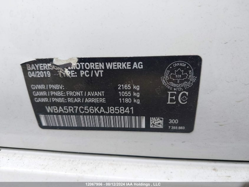 2019 BMW 3 Series VIN: WBA5R7C56KAJ85841 Lot: 12067956