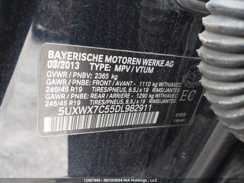 2013 BMW X3 VIN: 5UXWX7C55DL982911 Lot: 12067968