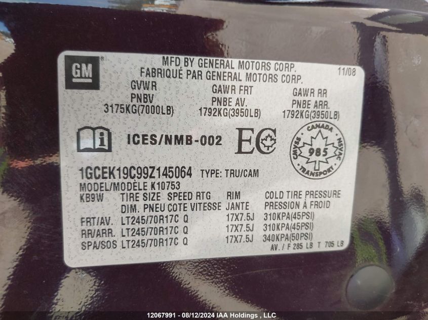 2009 Chevrolet Silverado 1500 VIN: 1GCEK19C99Z145064 Lot: 12067991