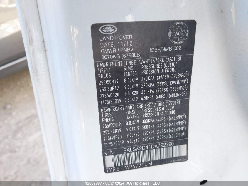 2013 Land Rover Range Rover Sport VIN: SALSK2D41DA792390 Lot: 12067997
