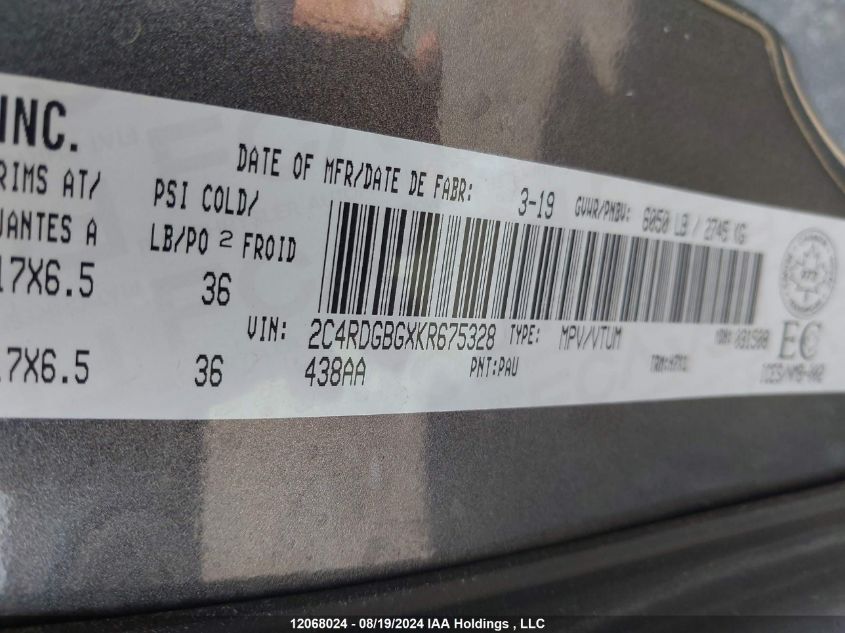 2019 Dodge Grand Caravan VIN: 2C4RDGBGXKR675328 Lot: 12068024