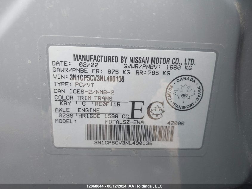 2022 Nissan Kicks VIN: 3N1CP5CV3NL490136 Lot: 12068044