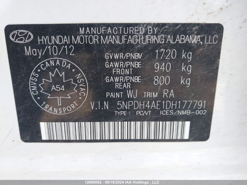 2013 Hyundai Elantra Gls/Limited VIN: 5NPDH4AE1DH177791 Lot: 12068052