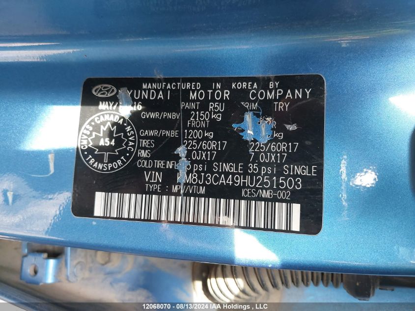 2017 Hyundai Tucson Limited/Sport And Eco/Se VIN: KM8J3CA49HU251503 Lot: 12068070