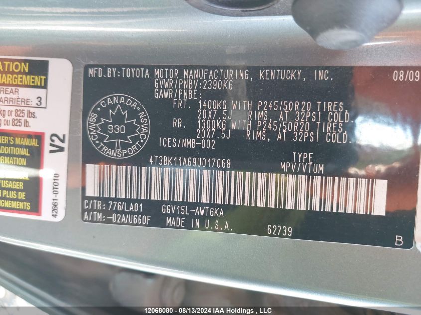 2009 Toyota Venza VIN: 4T3BK11A69U017068 Lot: 12068080