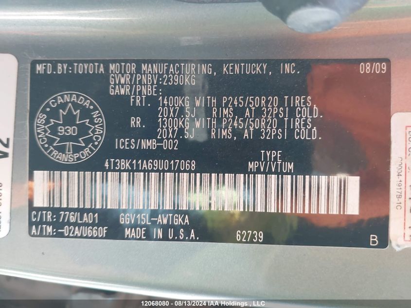 2009 Toyota Venza VIN: 4T3BK11A69U017068 Lot: 12068080