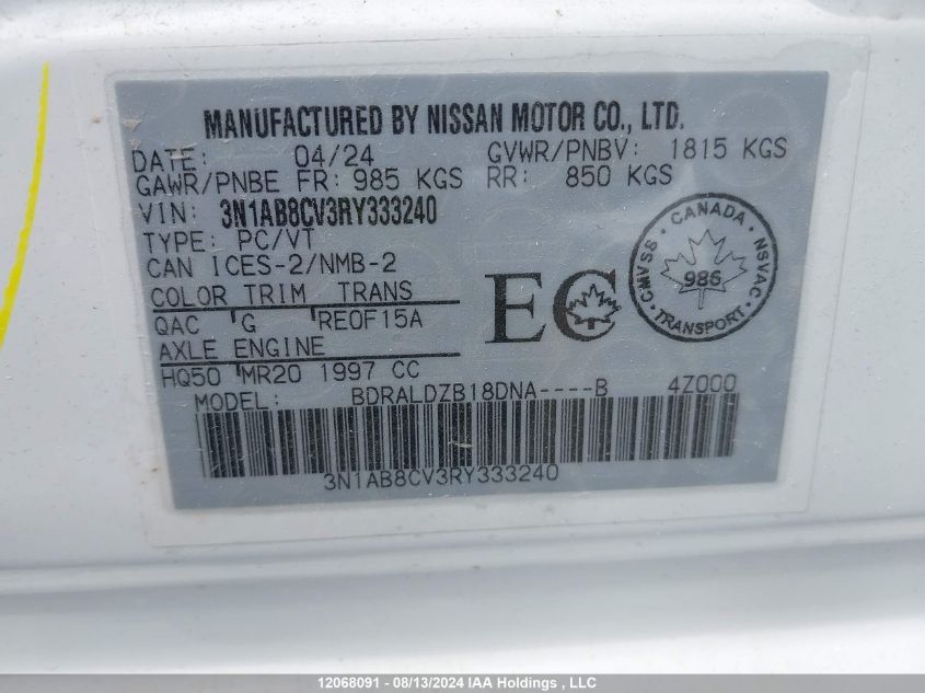 2024 Nissan Sentra VIN: 3N1AB8CV3RY333240 Lot: 12068091