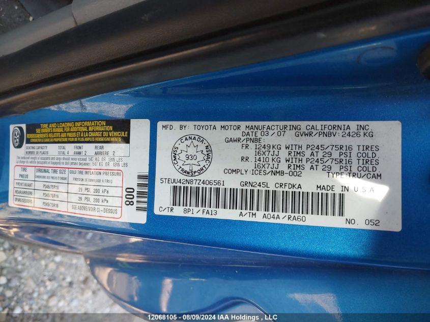 2007 Toyota Tacoma Access Cab VIN: 5TEUU42N87Z406561 Lot: 12068105