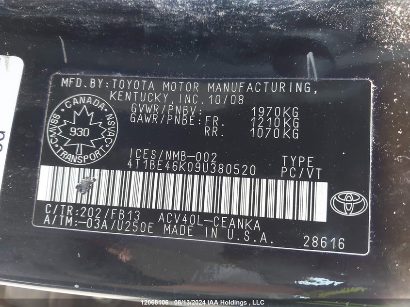 2009 Toyota Camry Se/Le/Xle VIN: 4T1BE46K09U380520 Lot: 12068106