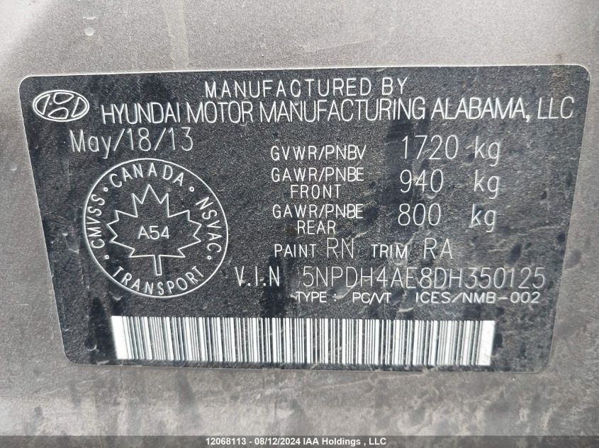 2013 Hyundai Elantra Gls/Limited VIN: 5NPDH4AE8DH350125 Lot: 12068113