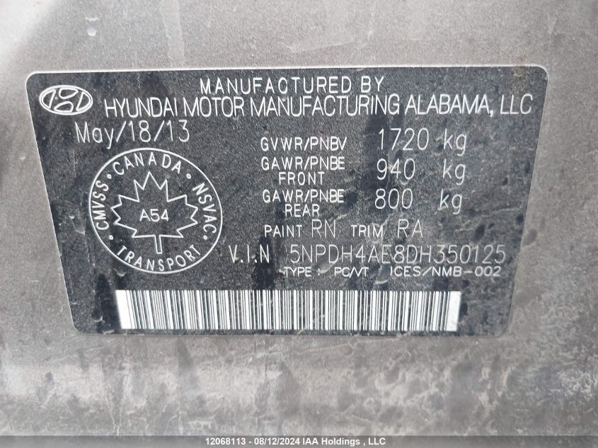 2013 Hyundai Elantra Gls/Limited VIN: 5NPDH4AE8DH350125 Lot: 12068113