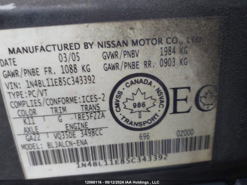 2005 Nissan Altima VIN: 1N4BL11E85C343392 Lot: 12068116