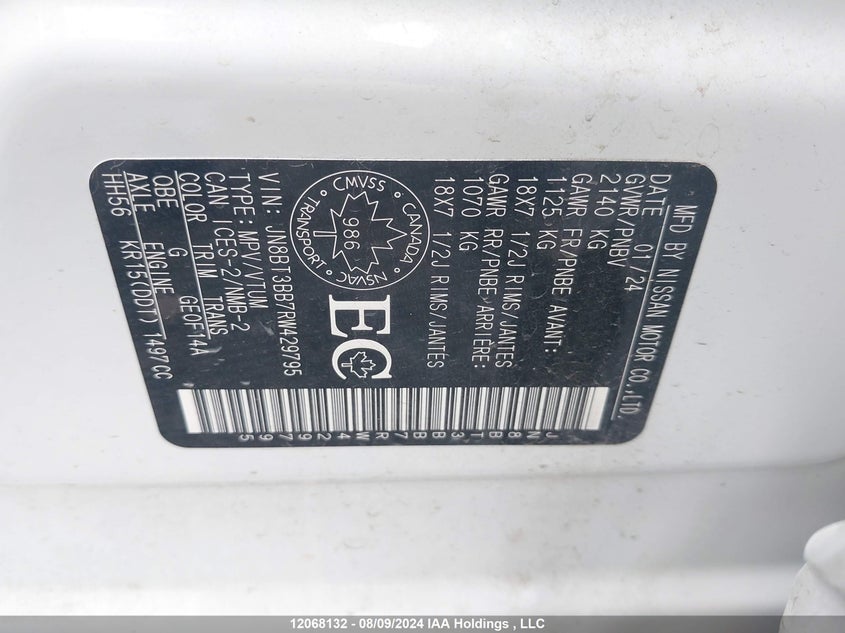 2024 Nissan Rogue VIN: JN8BT3BB7RW429795 Lot: 12068132