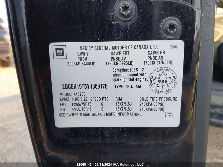 2000 Chevrolet Silverado 1500 VIN: 2GCEK19T5Y1369178 Lot: 12068143