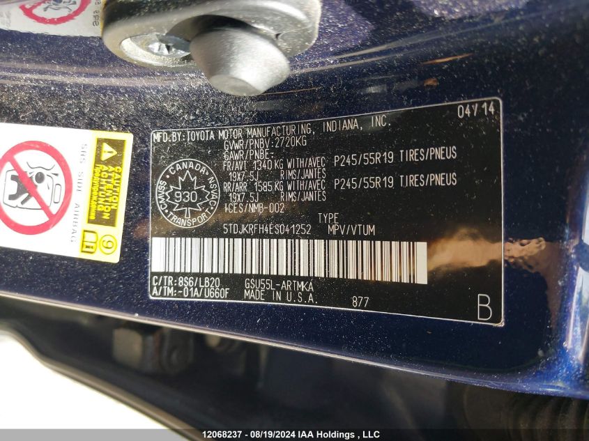 2014 Toyota Highlander VIN: 5TDJKRFH4ES041252 Lot: 12068237